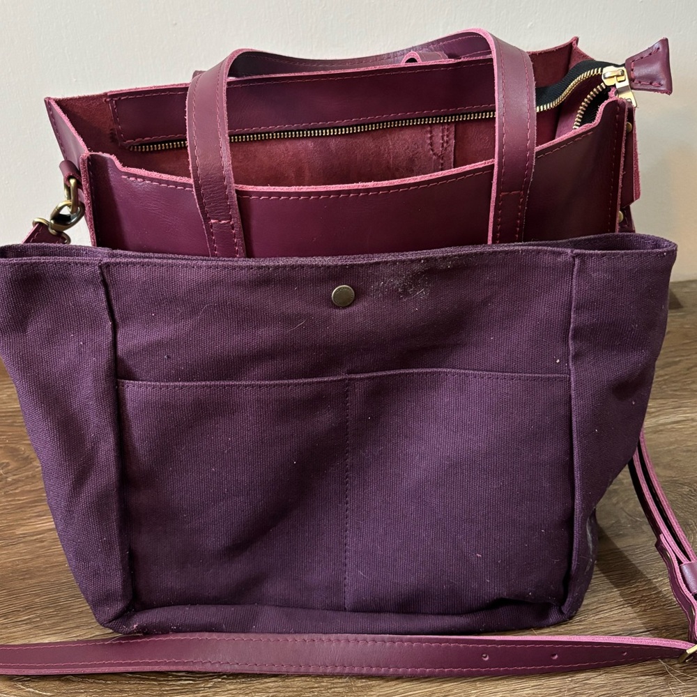 Large Portland Leather Lola Tote in Lollipop WITH purple canvas organizer
